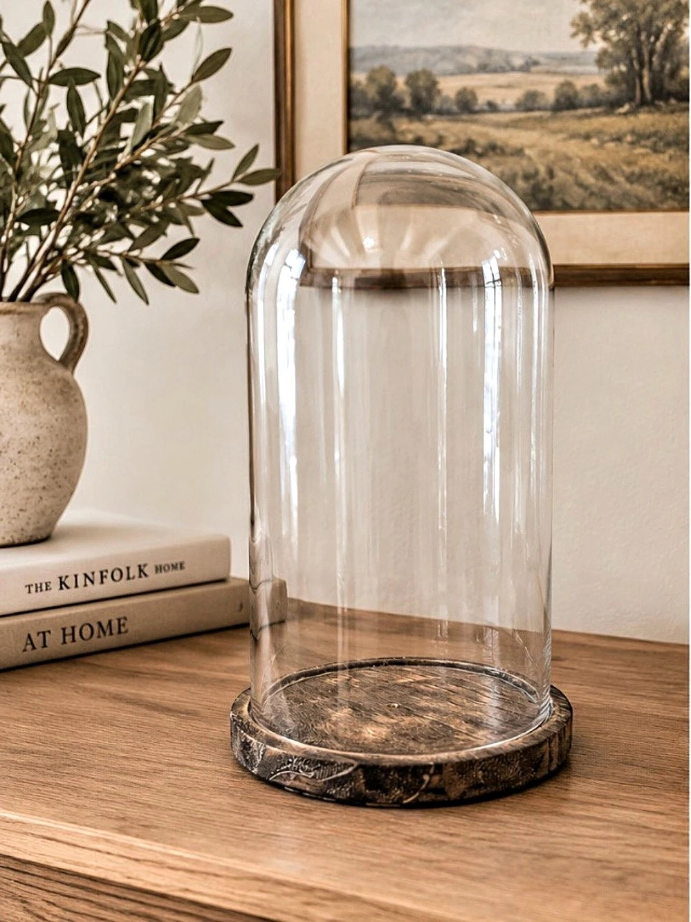 Large Clear Glass Cloche Dome Brown Weathered Rustic Wood Base 11” x 6.5 inch